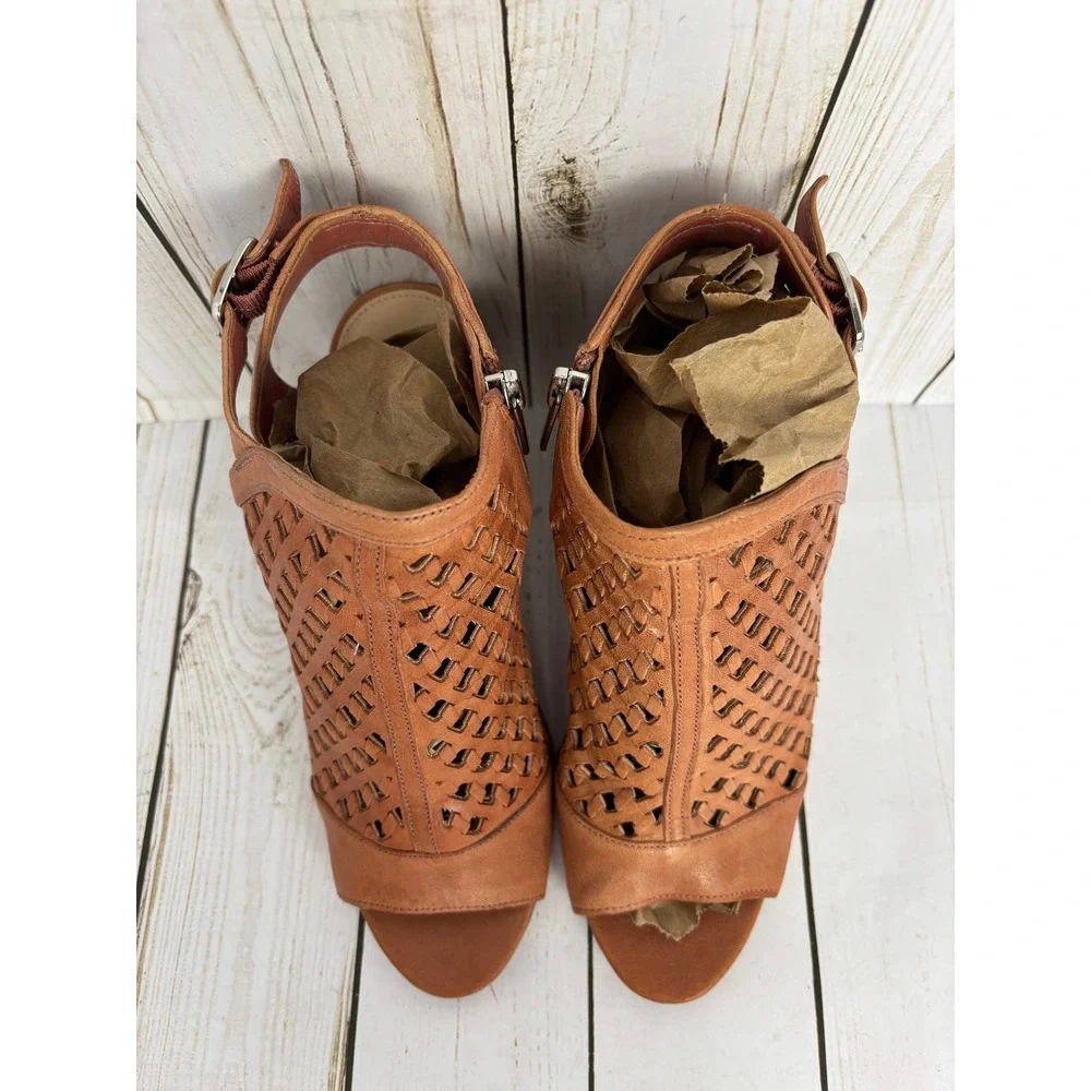 Vince Camuto Woven Leather Peep Toe Booties Blush Pink Cone Heel Sandals 7M 37.5